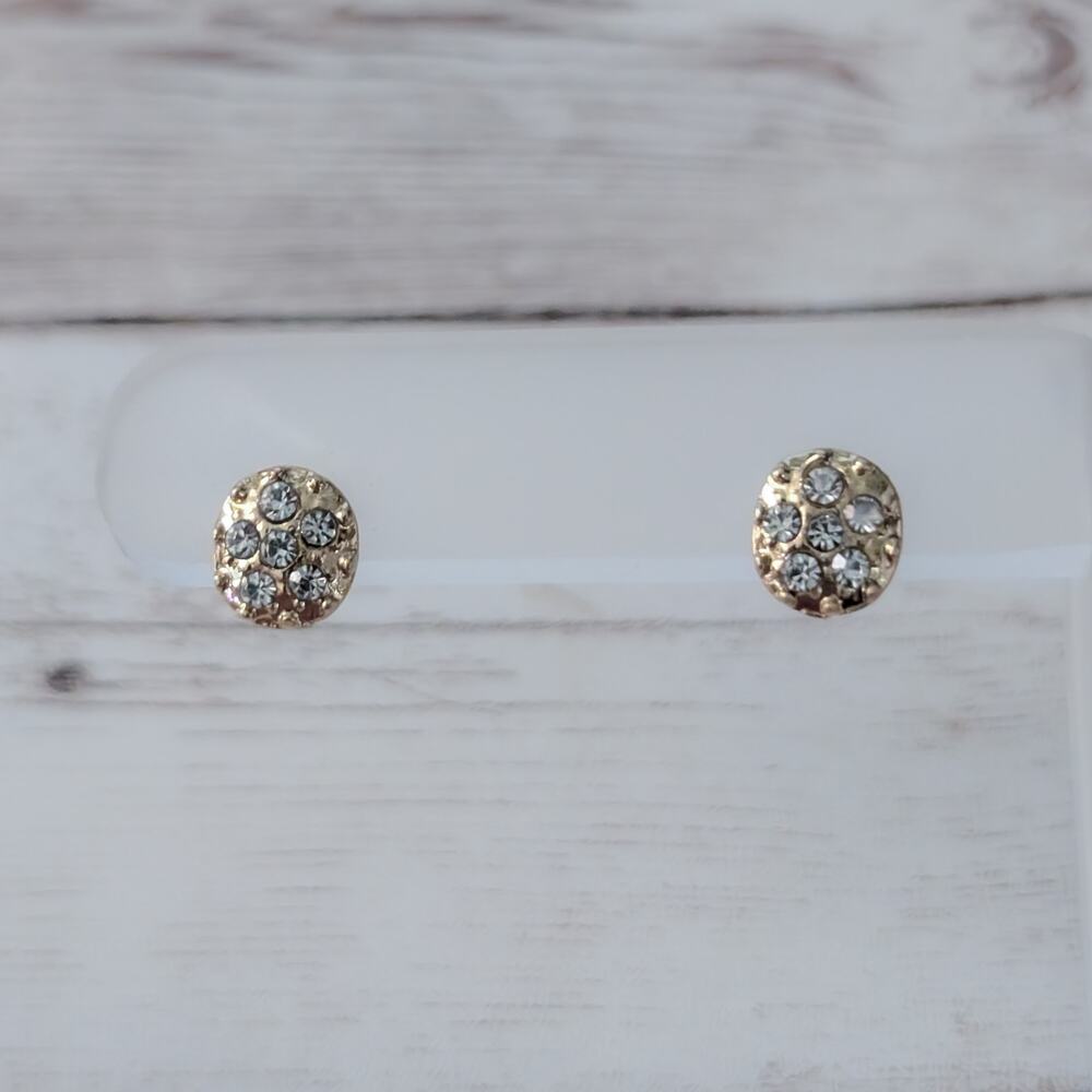 Vintage Stud Earrings Gold Tone with Clear Gem - Dainty